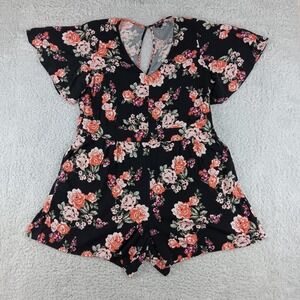Torrid Floral Romper Womens 3 Black Pink Orange Rose V-Neck 11668593